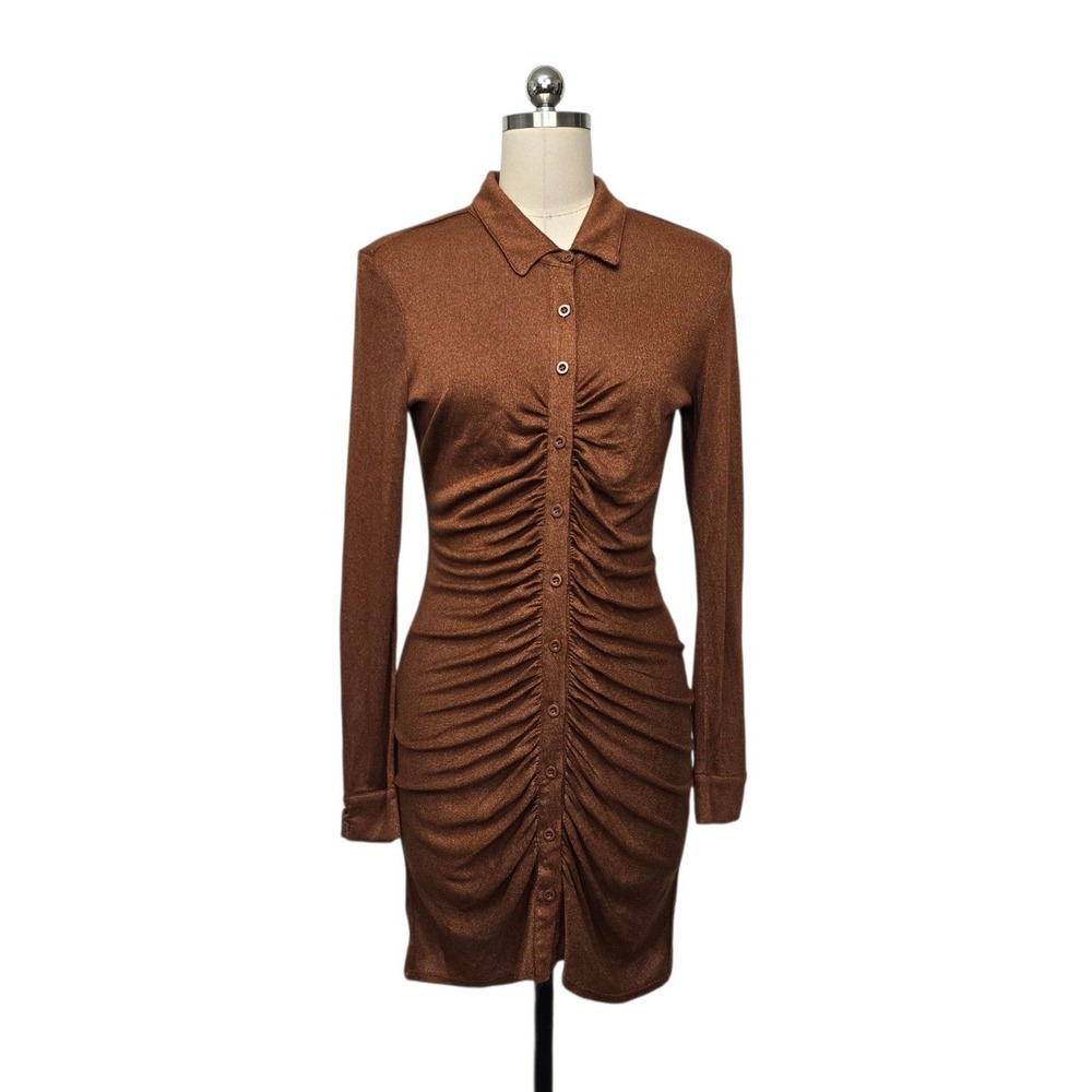 L*Space Scarlett Ruched Sweater Dress Brown Metallic Spiced Mahogany SCADR22 Med